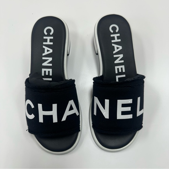 CHANEL Logo Heeled Slide Sandals in Black/White - Picture 2 of 14